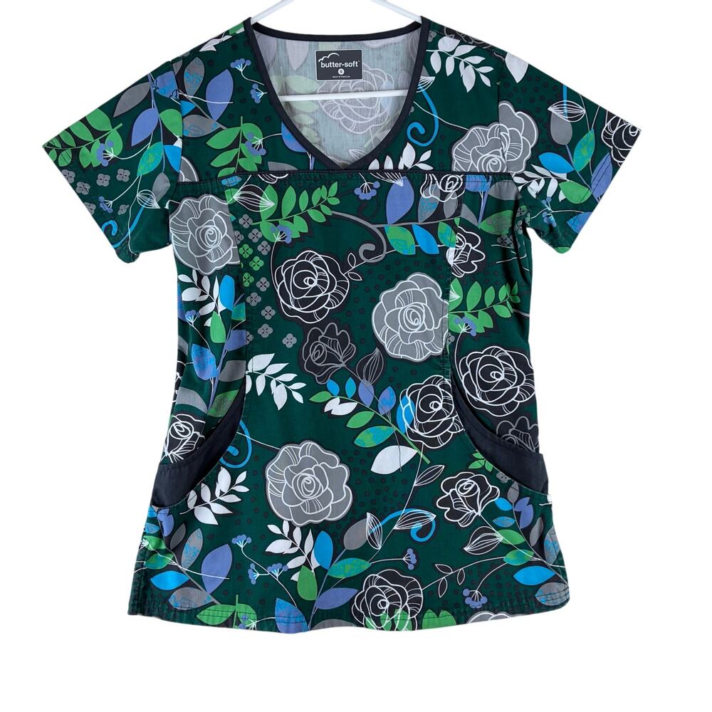 Butter Soft V Neck Tee Women's S Nurse Scrub Floral Medical Office Comfort